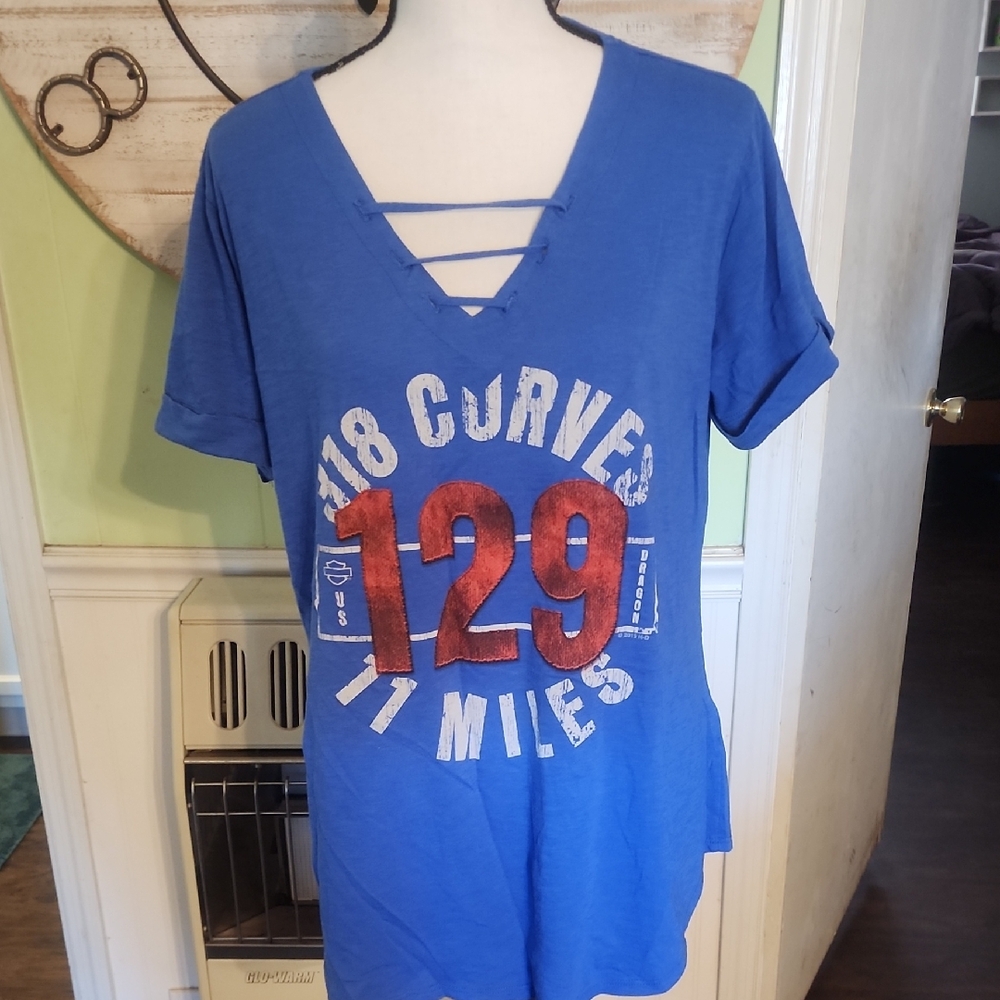 Blue Graphic Tee with Red Accents